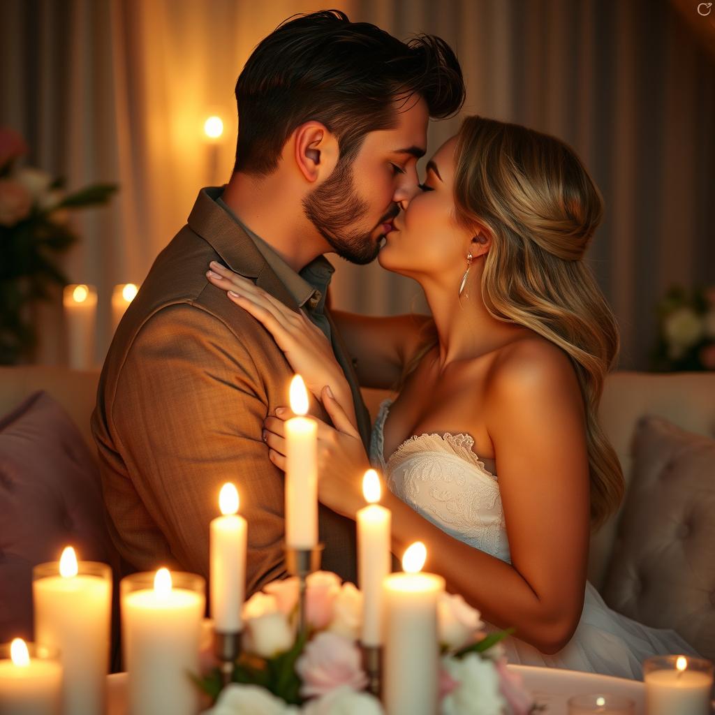 A romantic and intimate scene depicting a couple sharing a passionate kiss in a softly lit room, surrounded by candles casting a warm glow