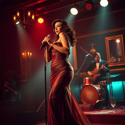A glamorous scene featuring Lola Mirage, a sultry lounge singer, performing on stage