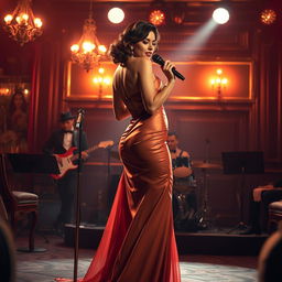 A glamorous scene featuring Lola Mirage, a sultry lounge singer, performing on stage