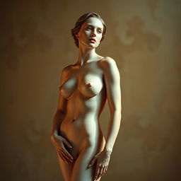 A stunning and tasteful artistic depiction of a nude female figure, standing elegantly with graceful poses that highlight the beauty of the human form