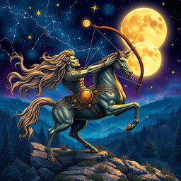 A striking and artistic representation of the Sagittarius zodiac sign, featuring a centaur archer in a dynamic pose, aiming a bow towards the stars