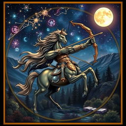 A striking and artistic representation of the Sagittarius zodiac sign, featuring a centaur archer in a dynamic pose, aiming a bow towards the stars