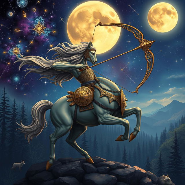 A striking and artistic representation of the Sagittarius zodiac sign, featuring a centaur archer in a dynamic pose, aiming a bow towards the stars