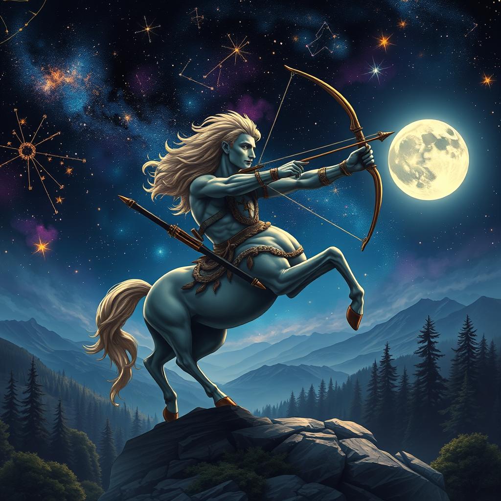 A striking and artistic representation of the Sagittarius zodiac sign, featuring a centaur archer in a dynamic pose, aiming a bow towards the stars