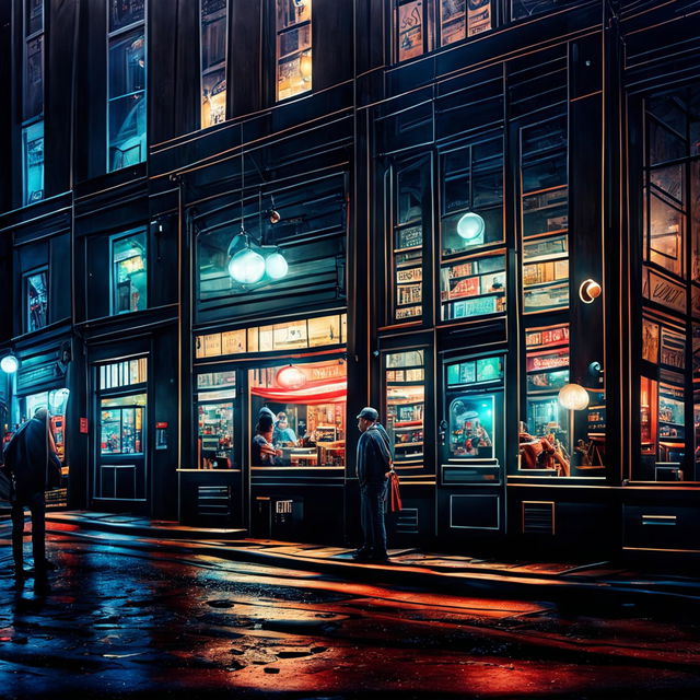 Hyper-realistic HD photograph of a trendy night cafe with intense lighting effects and detailed textures.