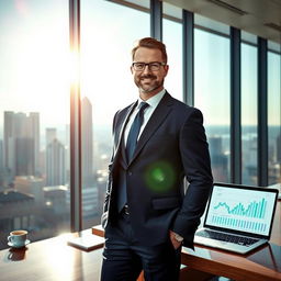 A confident businessman in a sleek, modern office environment