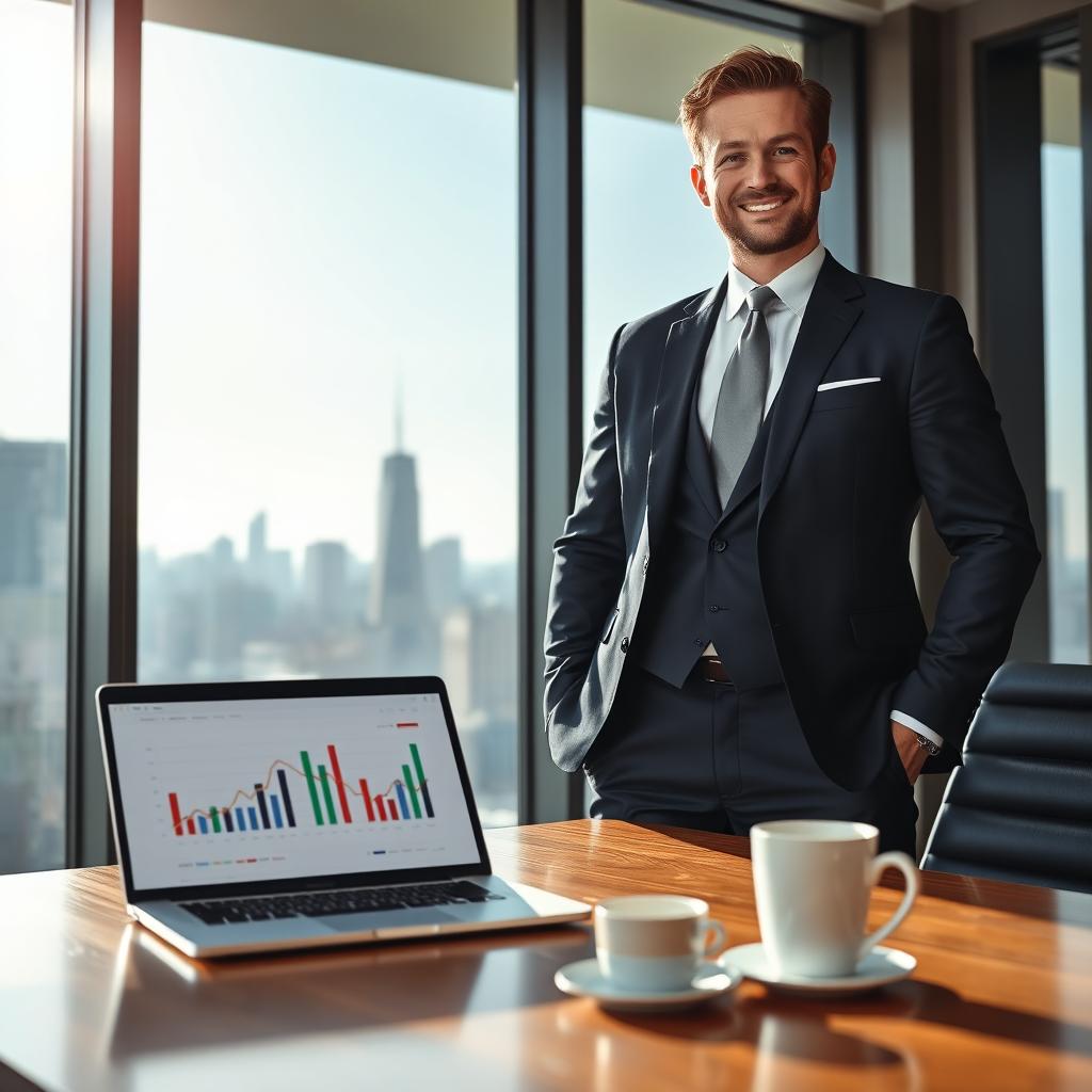 A confident businessman in a sleek, modern office environment