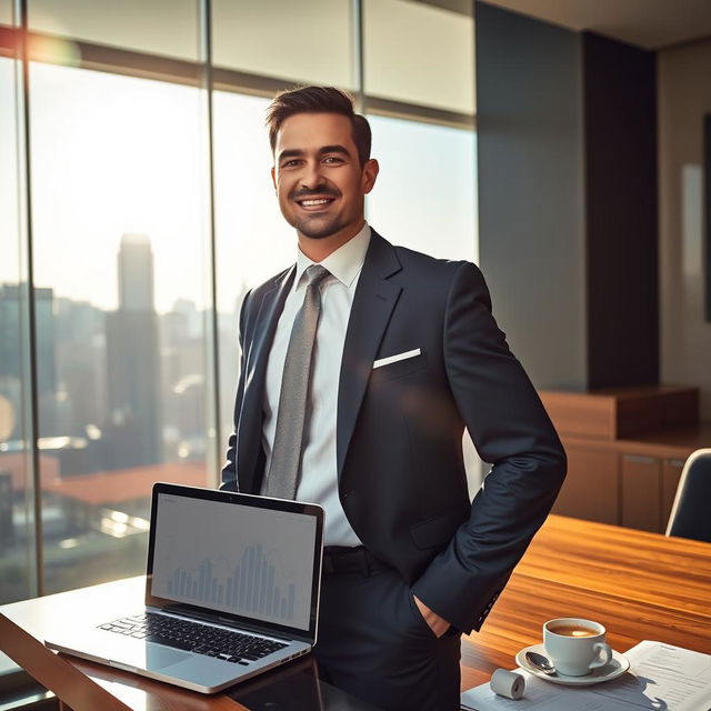 A confident businessman in a sleek, modern office environment