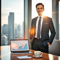 A confident businessman in a sleek, modern office environment