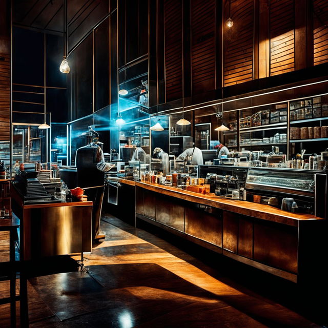 High-definition photograph of a trendy night cafe with intense lighting effects and detailed elements, reminiscent of a cinematic scene or an intense magazine photoshoot.