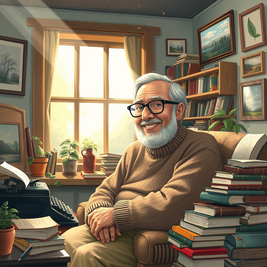 A detailed and artistic illustration of the Indian author Ruskin Bond, sitting in a cozy, book-filled room, surrounded by his beloved books and writing materials