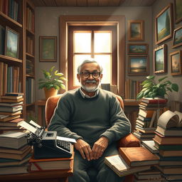 A detailed and artistic illustration of the Indian author Ruskin Bond, sitting in a cozy, book-filled room, surrounded by his beloved books and writing materials