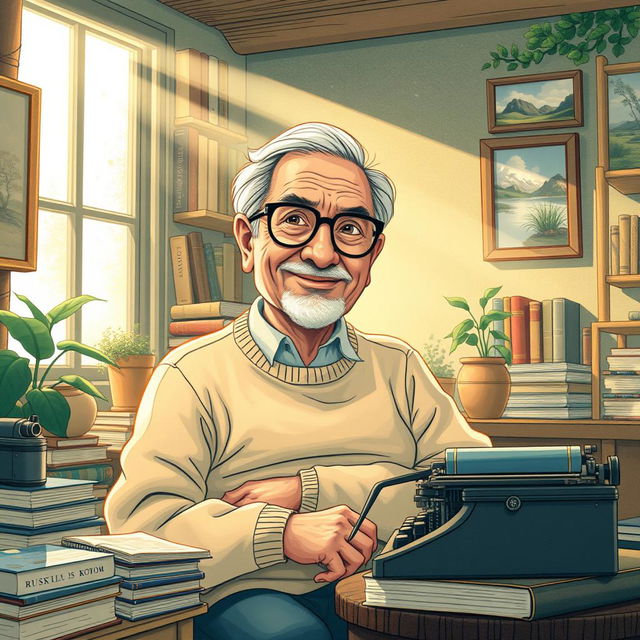 A detailed and artistic illustration of the Indian author Ruskin Bond, sitting in a cozy, book-filled room, surrounded by his beloved books and writing materials