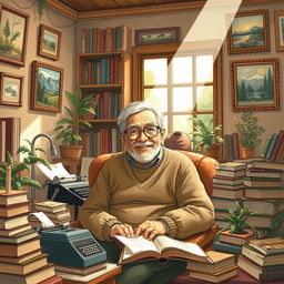 A detailed and artistic illustration of the Indian author Ruskin Bond, sitting in a cozy, book-filled room, surrounded by his beloved books and writing materials