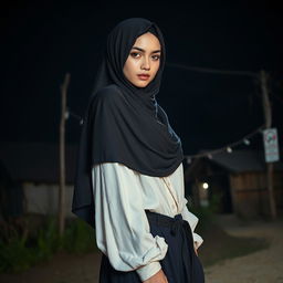 A masterpiece capturing a highly detailed, ultra-realistic portrait of a Turkish girl wearing a close, long hijab in an outdoor setting at night
