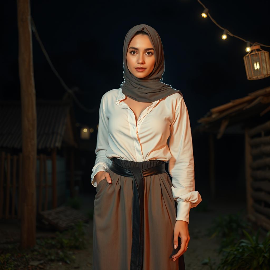 A masterpiece capturing a highly detailed, ultra-realistic portrait of a Turkish girl wearing a close, long hijab in an outdoor setting at night