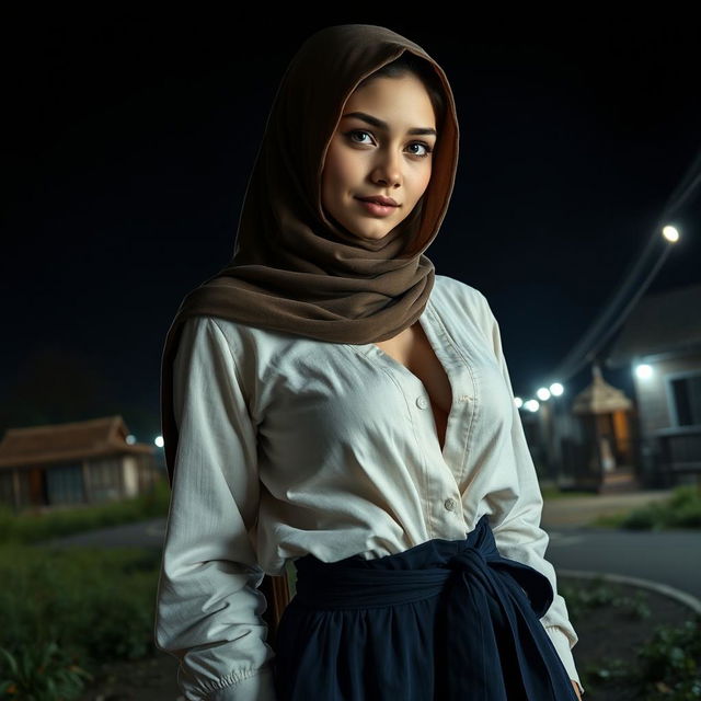 A masterpiece capturing a highly detailed, ultra-realistic portrait of a Turkish girl wearing a close, long hijab in an outdoor setting at night