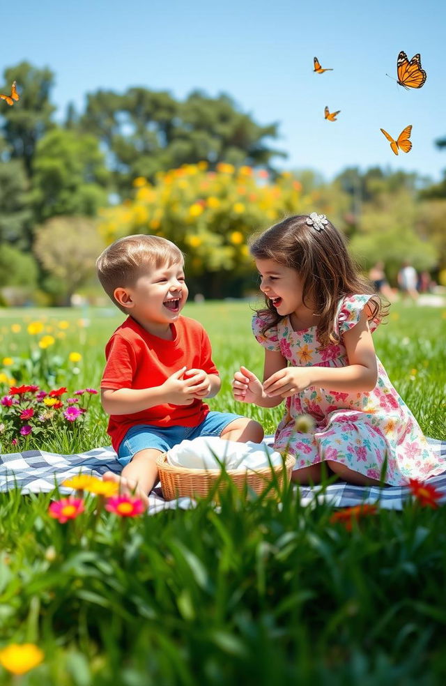 A joyful family scene featuring a boy and a girl playing together in a sunny park