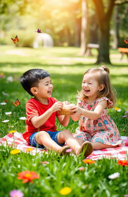 A joyful family scene featuring a boy and a girl playing together in a sunny park