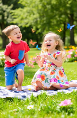 A joyful family scene featuring a boy and a girl playing together in a sunny park