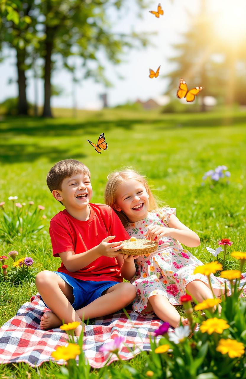 A joyful family scene featuring a boy and a girl playing together in a sunny park