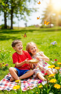 A joyful family scene featuring a boy and a girl playing together in a sunny park