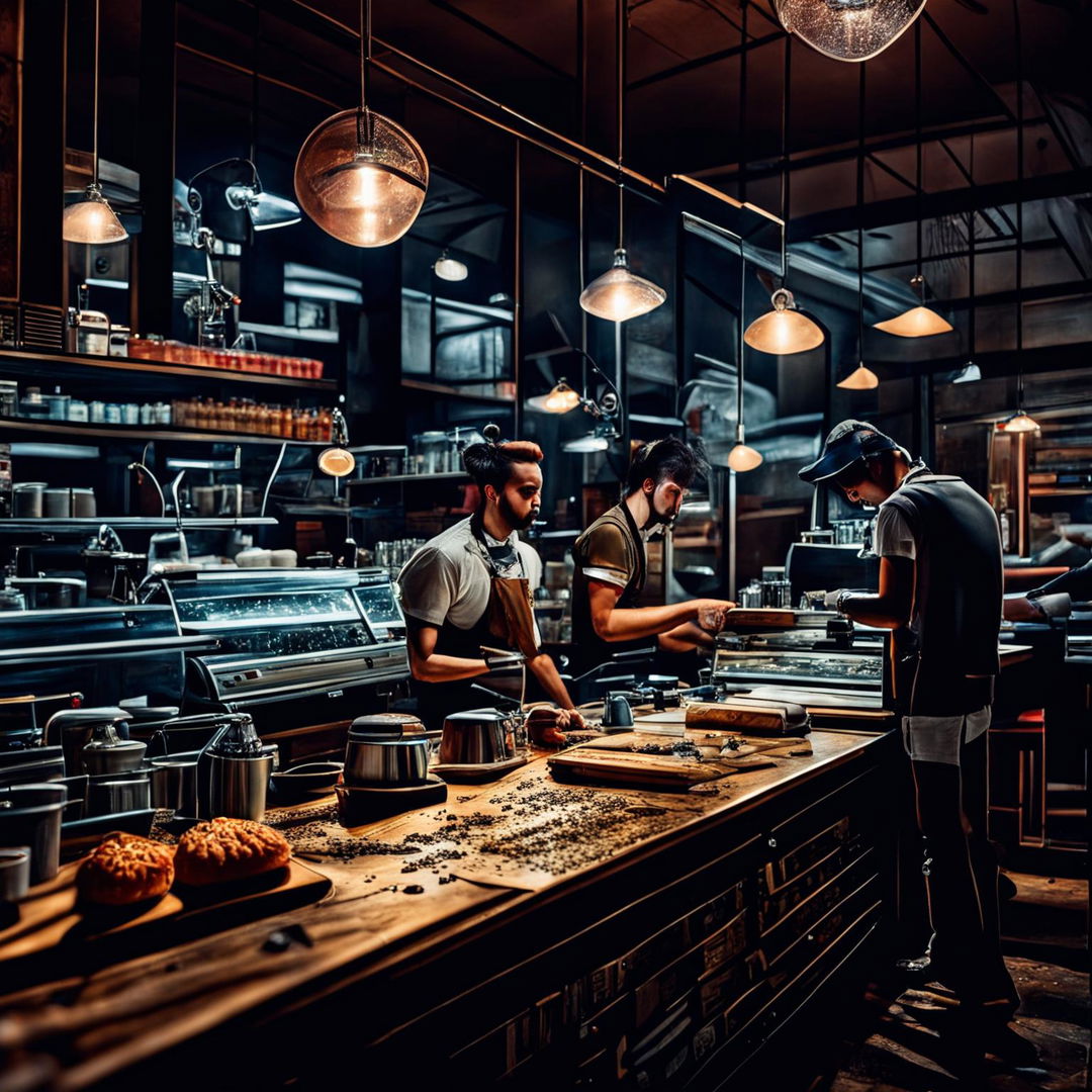 Ultra-high-definition photograph of a trendy night cafe with extreme lighting effects and hyper-detailed elements, akin to a cinematic scene or an intense magazine photoshoot.