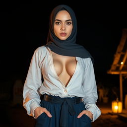 A masterpiece featuring a super detailed, ultra-realistic portrait of a Turkish girl wearing a close, long hijab in an outdoor setting at night