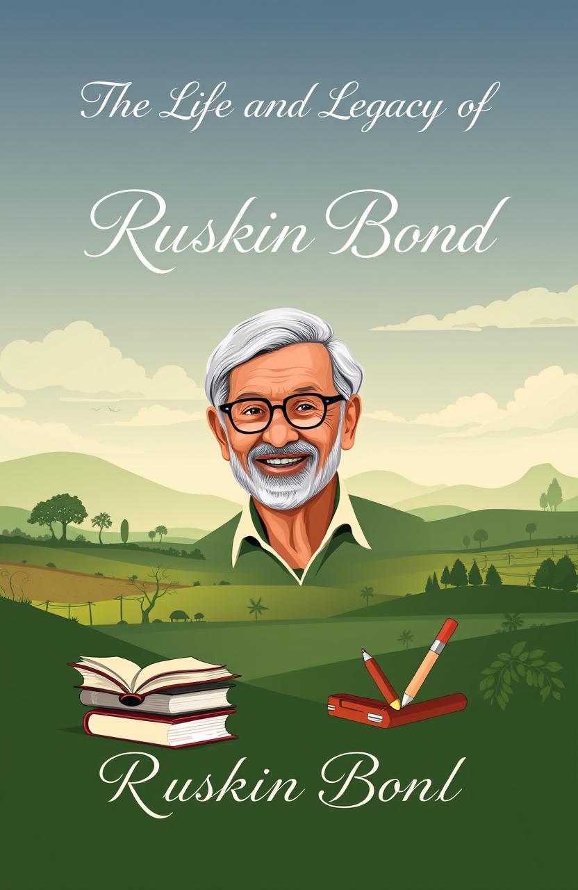 A beautifully designed A4 book cover page for the book titled 'The Life and Legacy of Ruskin Bond'