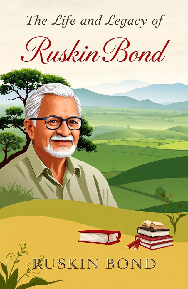 A beautifully designed A4 book cover page for the book titled 'The Life and Legacy of Ruskin Bond'