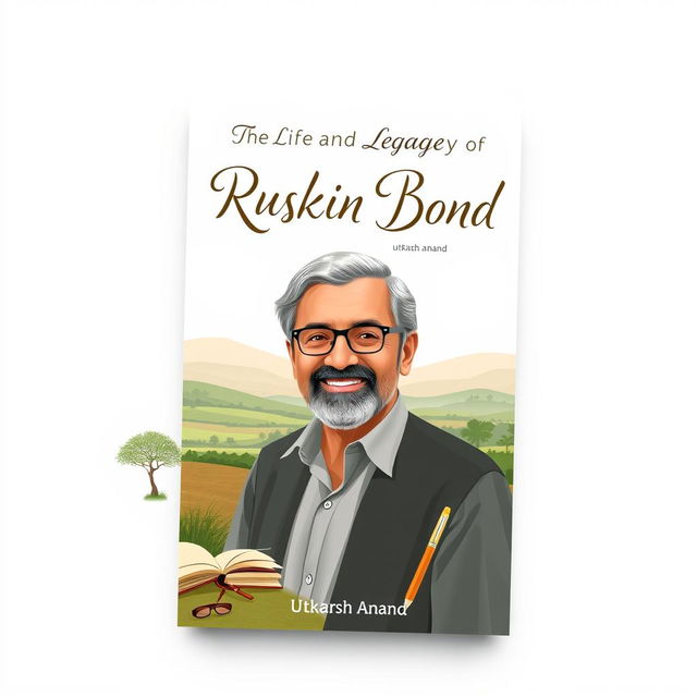 A beautifully designed A4 book cover page for the book titled 'The Life and Legacy of Ruskin Bond' by Utkarsh Anand