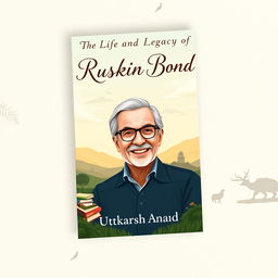 A beautifully designed A4 book cover page for the book titled 'The Life and Legacy of Ruskin Bond' by Utkarsh Anand