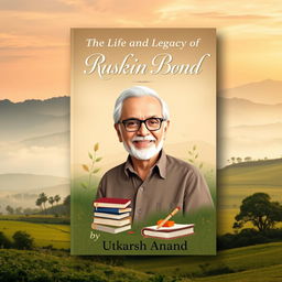 A beautifully designed A4 book cover page for the book titled 'The Life and Legacy of Ruskin Bond' by Utkarsh Anand