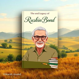 A beautifully designed A4 book cover page for the book titled 'The Life and Legacy of Ruskin Bond' by Utkarsh Anand