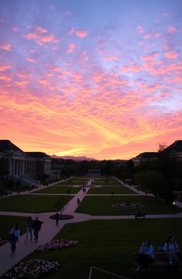 A picturesque sunset at our university campus, showcasing a vibrant sky filled with shades of orange, pink, and purple