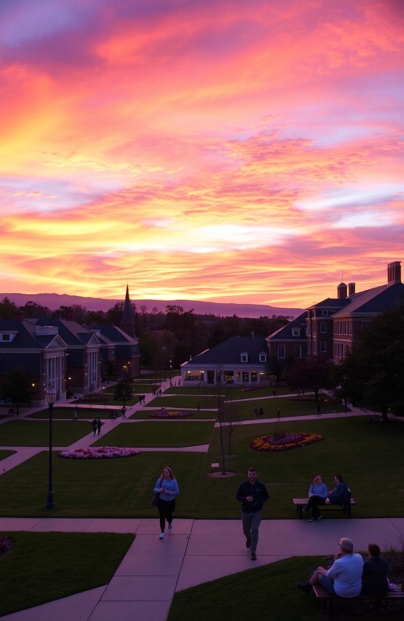 A picturesque sunset at our university campus, showcasing a vibrant sky filled with shades of orange, pink, and purple