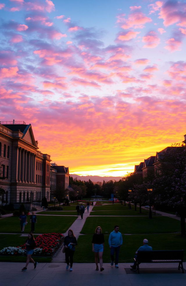 A picturesque sunset at our university campus, showcasing a vibrant sky filled with shades of orange, pink, and purple