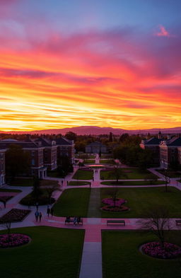 A picturesque sunset at our university campus, showcasing a vibrant sky filled with shades of orange, pink, and purple