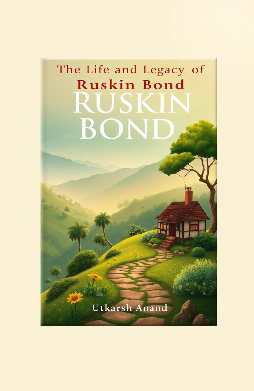 A beautifully designed A4 book cover for the title 'The Life and Legacy of Ruskin Bond', featuring a scenic illustration that captures the essence of Ruskin Bond's literary world