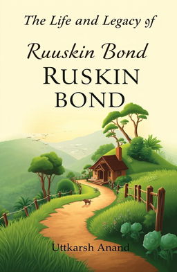 A beautifully designed A4 book cover for the title 'The Life and Legacy of Ruskin Bond', featuring a scenic illustration that captures the essence of Ruskin Bond's literary world