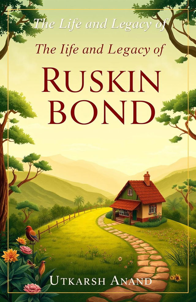 A beautifully designed A4 book cover for the title 'The Life and Legacy of Ruskin Bond', featuring a scenic illustration that captures the essence of Ruskin Bond's literary world