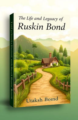 A beautifully designed A4 book cover for the title 'The Life and Legacy of Ruskin Bond', featuring a scenic illustration that captures the essence of Ruskin Bond's literary world