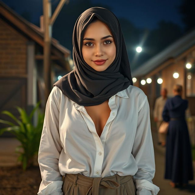 A masterpiece showcasing a super detailed, ultra-realistic portrait of a 22-year-old Russian girl wearing a close, long hijab in an outdoor setting at night