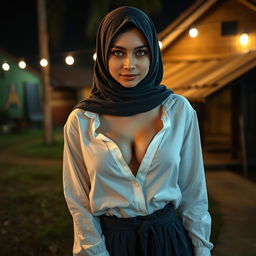 A masterpiece showcasing a super detailed, ultra-realistic portrait of a 22-year-old Russian girl wearing a close, long hijab in an outdoor setting at night