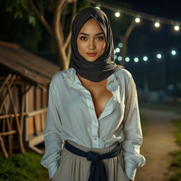 A masterpiece showcasing a super detailed, ultra-realistic portrait of a 22-year-old Russian girl wearing a close, long hijab in an outdoor setting at night