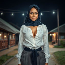 A masterpiece showcasing a super detailed, ultra-realistic portrait of a 22-year-old Russian girl wearing a close, long hijab in an outdoor setting at night