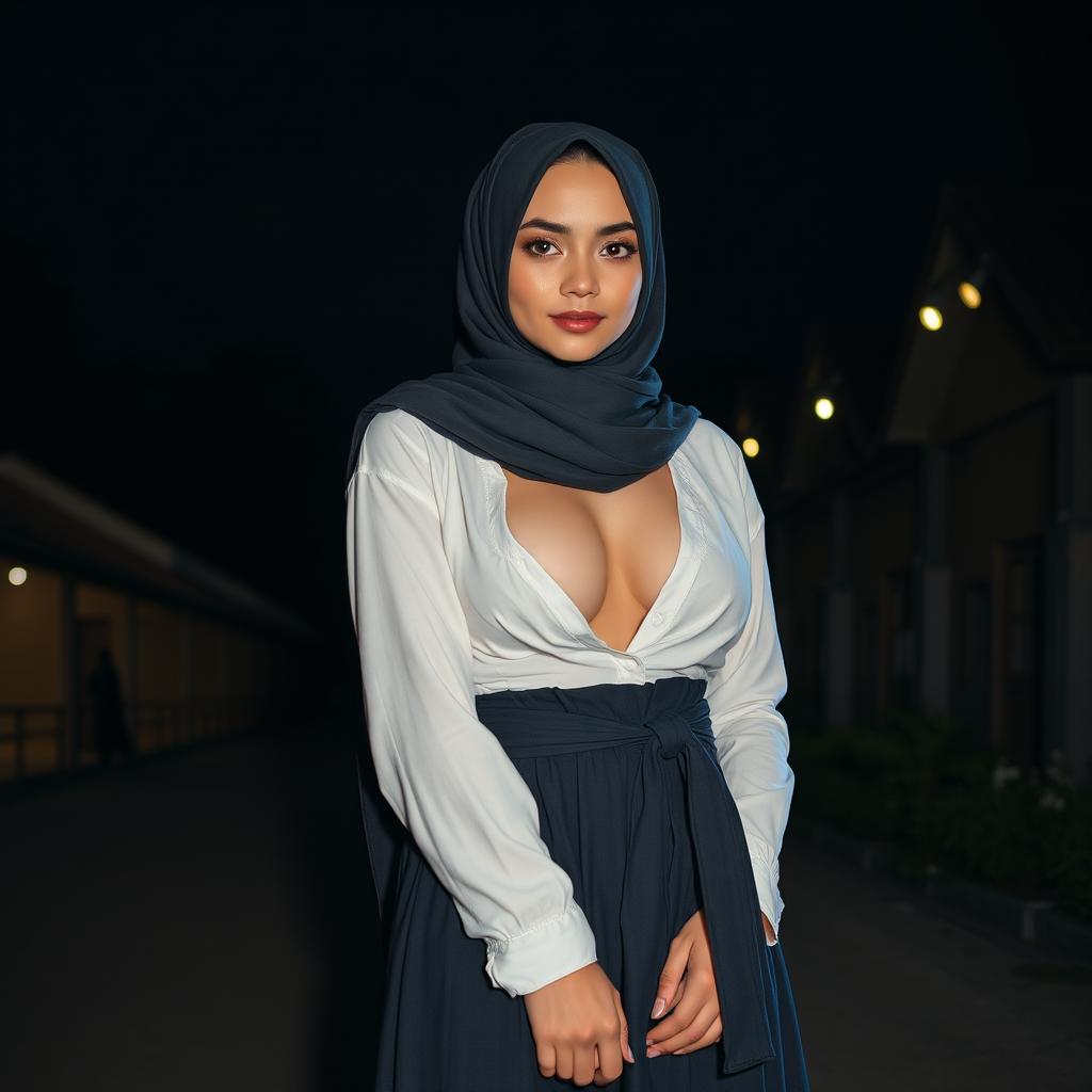 A masterpiece depicting a super detailed, ultra-realistic portrait of a 22-year-old Russian girl wearing a close, long hijab in an outdoor setting at night