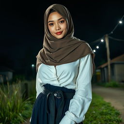 A masterpiece depicting a super detailed, ultra-realistic portrait of a 22-year-old Russian girl wearing a close, long hijab in an outdoor setting at night