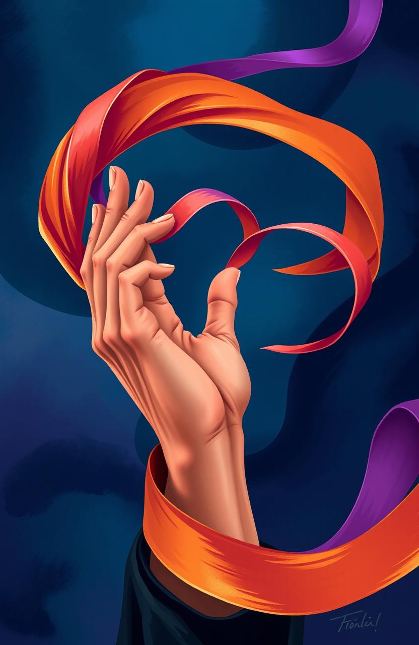 A stylized abstract representation of control, featuring a hand gracefully manipulating flowing ribbons of color that symbolize power and influence