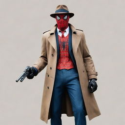 An imaginative construct of a character that's a blend of Spiderman and a mafia figure. Dressed in Spiderman's suit but with a fedora and a trench coat, carrying a tommy gun instead of web slinger.